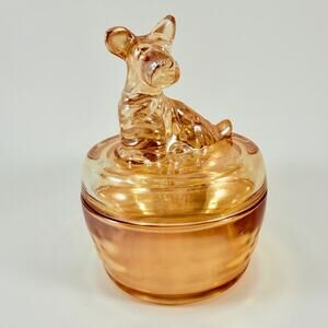 Vintage Carnival Glass Scotty Dog Trinket Box – Peach Lustre – Lidded Candy Dish